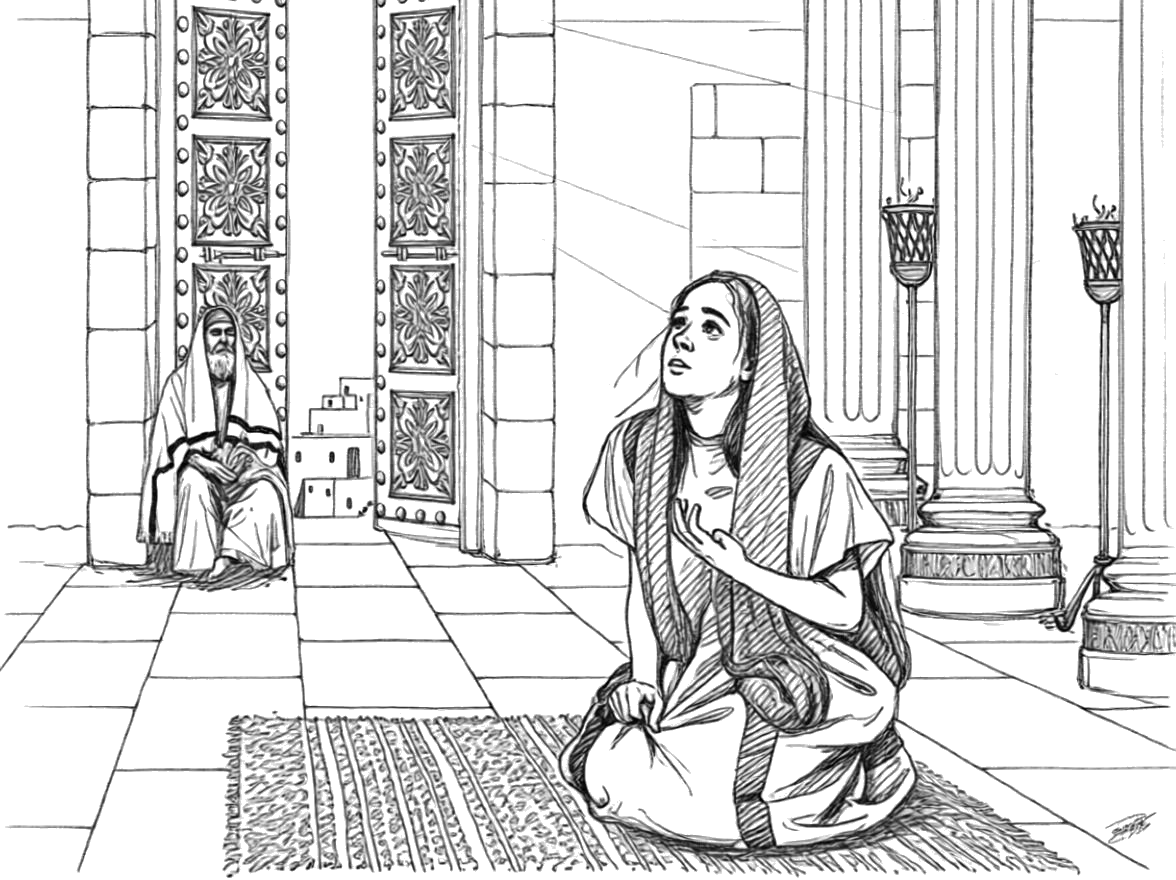 Anne en prière au temple — à colorier