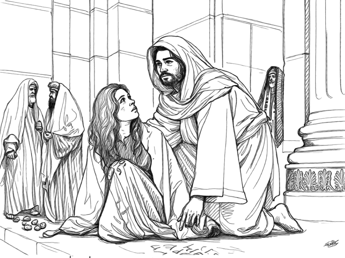 Jésus relève la femme — à colorier