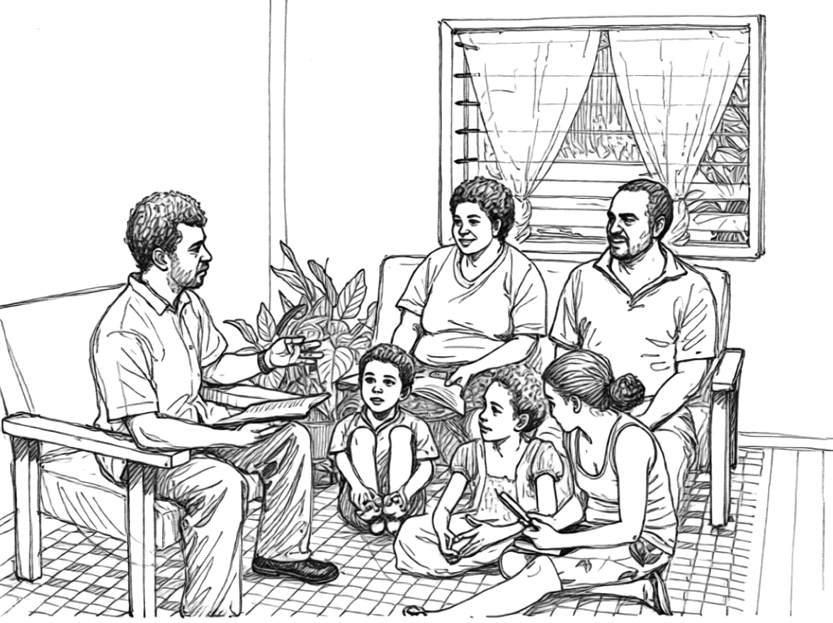 Une famille chrétienne à la maison — à colorier