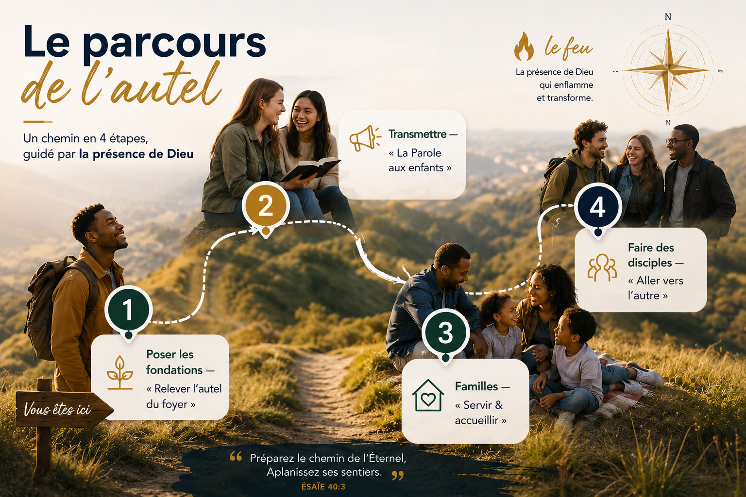 Carte du parcours en 4 étapes : 1 Poser les fondations, 2 Transmettre la Parole aux enfants, 3 Familles — servir et accueillir, 4 Faire des disciples — le départ est marqué « Vous êtes ici »